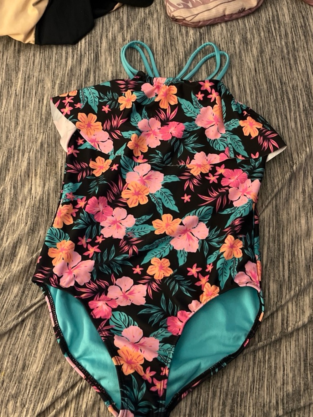 Kids Floral One-Piece Swimsuit - Black with Pink & Teal Floral